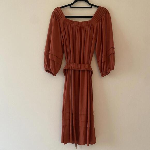 SUNCOO burnt orange long sleeve belted peasant dress - Picture 8 of 8